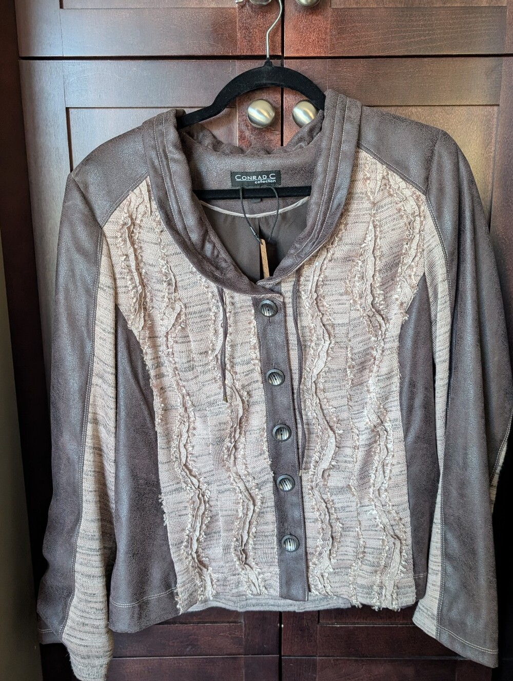 Women's Brown & Beige Textured Button Front Jacket with faux leather accents
